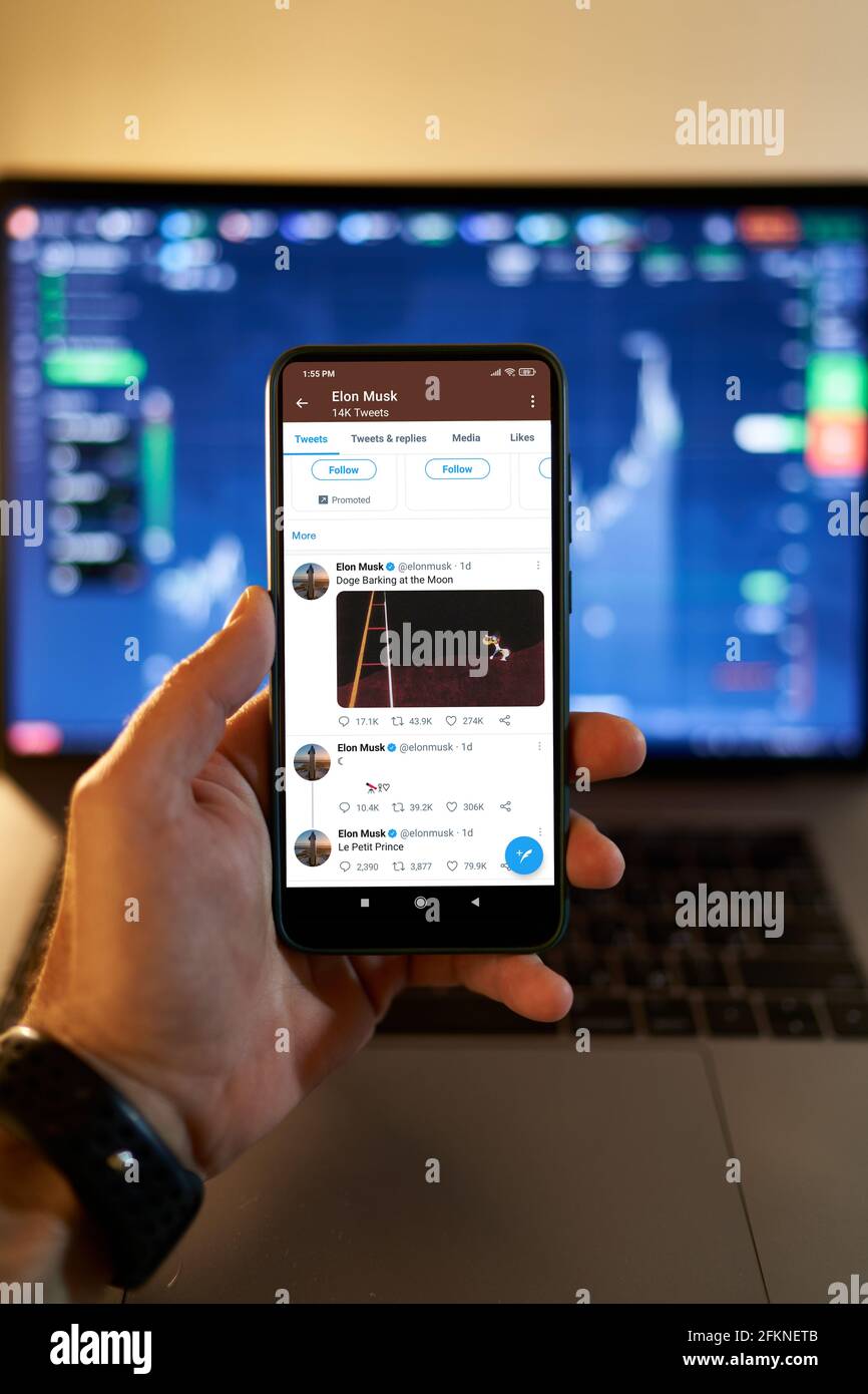 New York, USA - 16 April 2021: DOGE cryptocurrency value grew after Tesla  CEO Elon Musk wrote in his Twitter: Doge Barking at the Moon Stock Photo -  Alamy