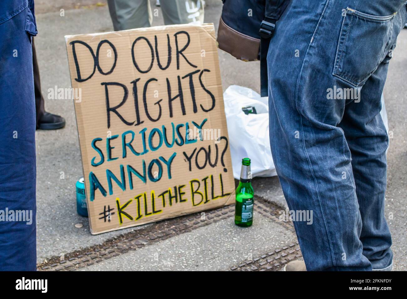 VAUXHALL, LONDON, ENGLAND- 1 May 2021: Protest placard on the floor at a KILL THE BILL protest in London Stock Photo