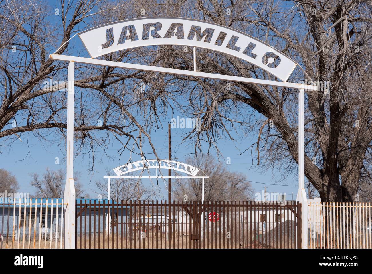 Two large white signs in Encino, New Mexico, that read “Jaramillo”, an old family name in Encino. Stock Photo
