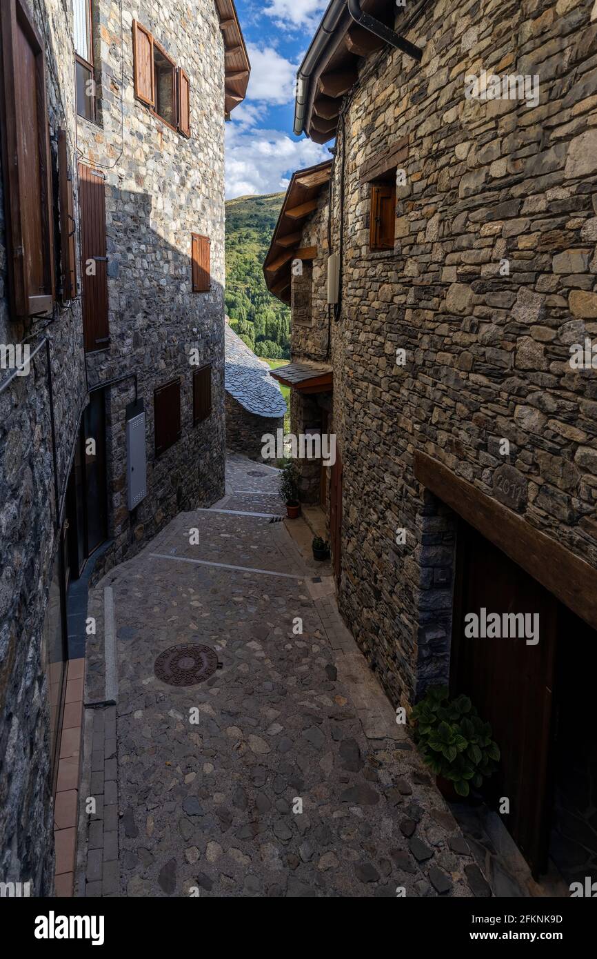 Typical built of stone old houses in the small Spanish Pyrenees village of Taull Stock Photo