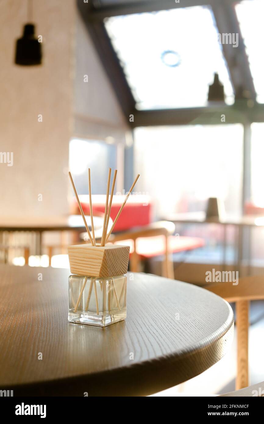Aromatherapy reed diffuser air freshener on relaxed spa background Stock Photo