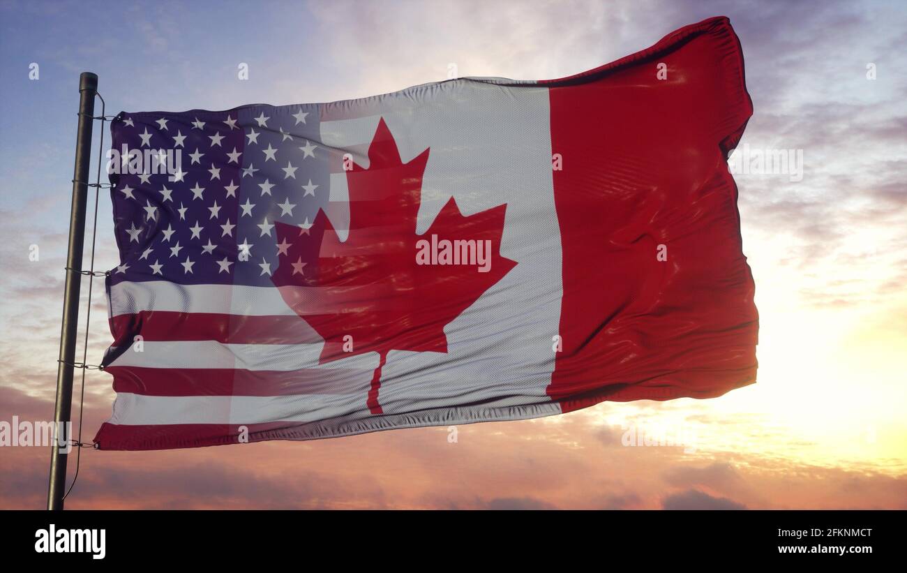 Canada and USA flag on flagpole. USA and Canada Mixed Flag waving in ...
