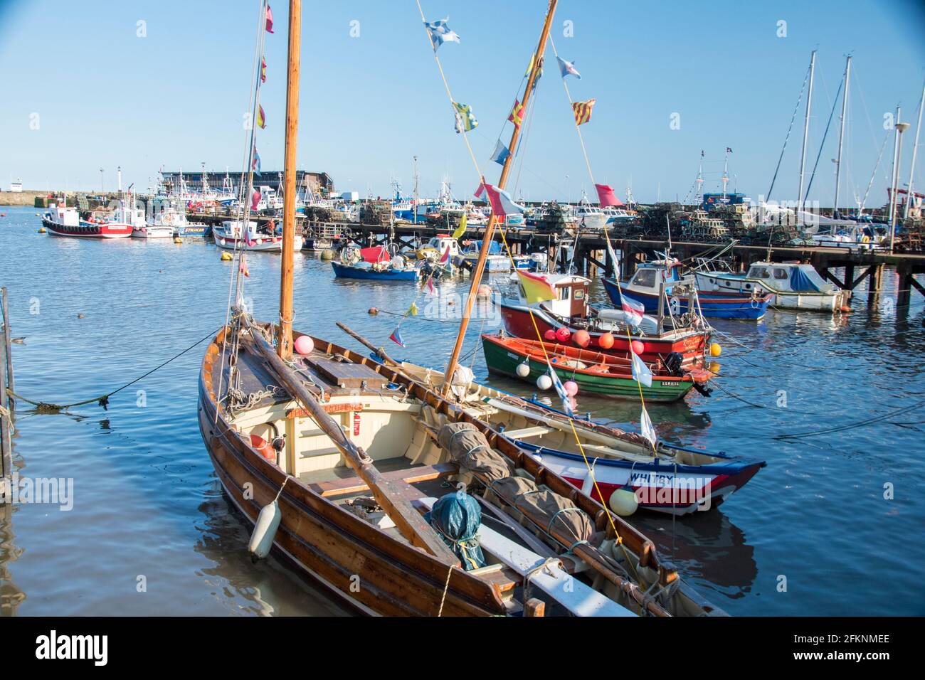 Yorkshire, UK – 10 Aug 2017 : sailing boats moored in the harbour at Bridlington Stock Photo