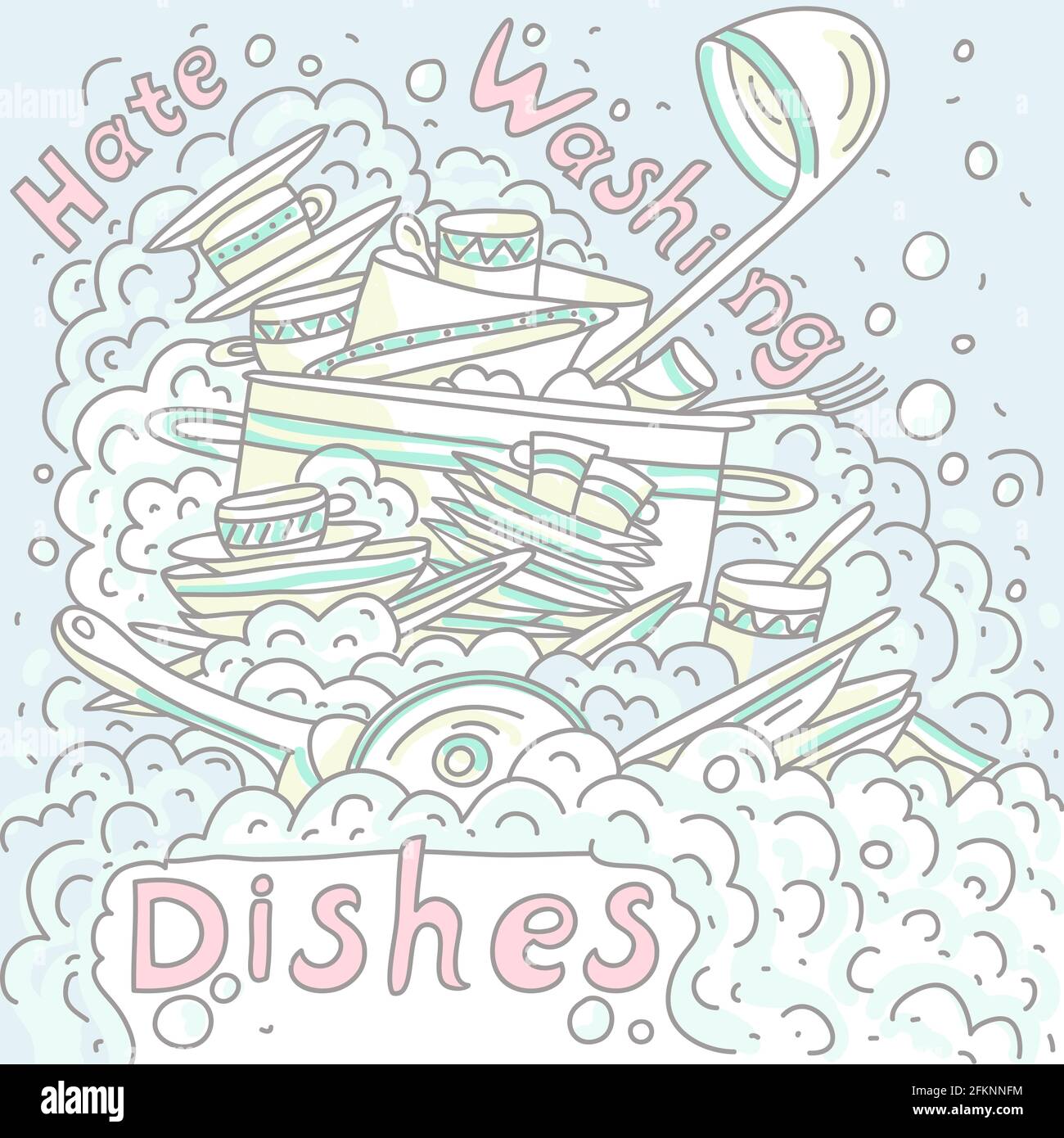 Sink with dirty dishes, vector illustration. Washing-up and cleaning, dishwashing Stock Vector
