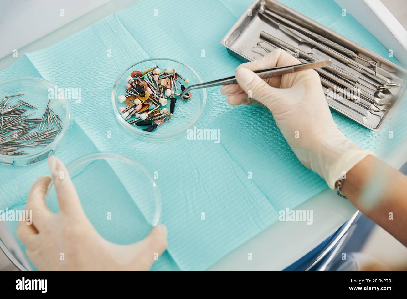Doctor transferring dental polishing bristle from one plate to another ...