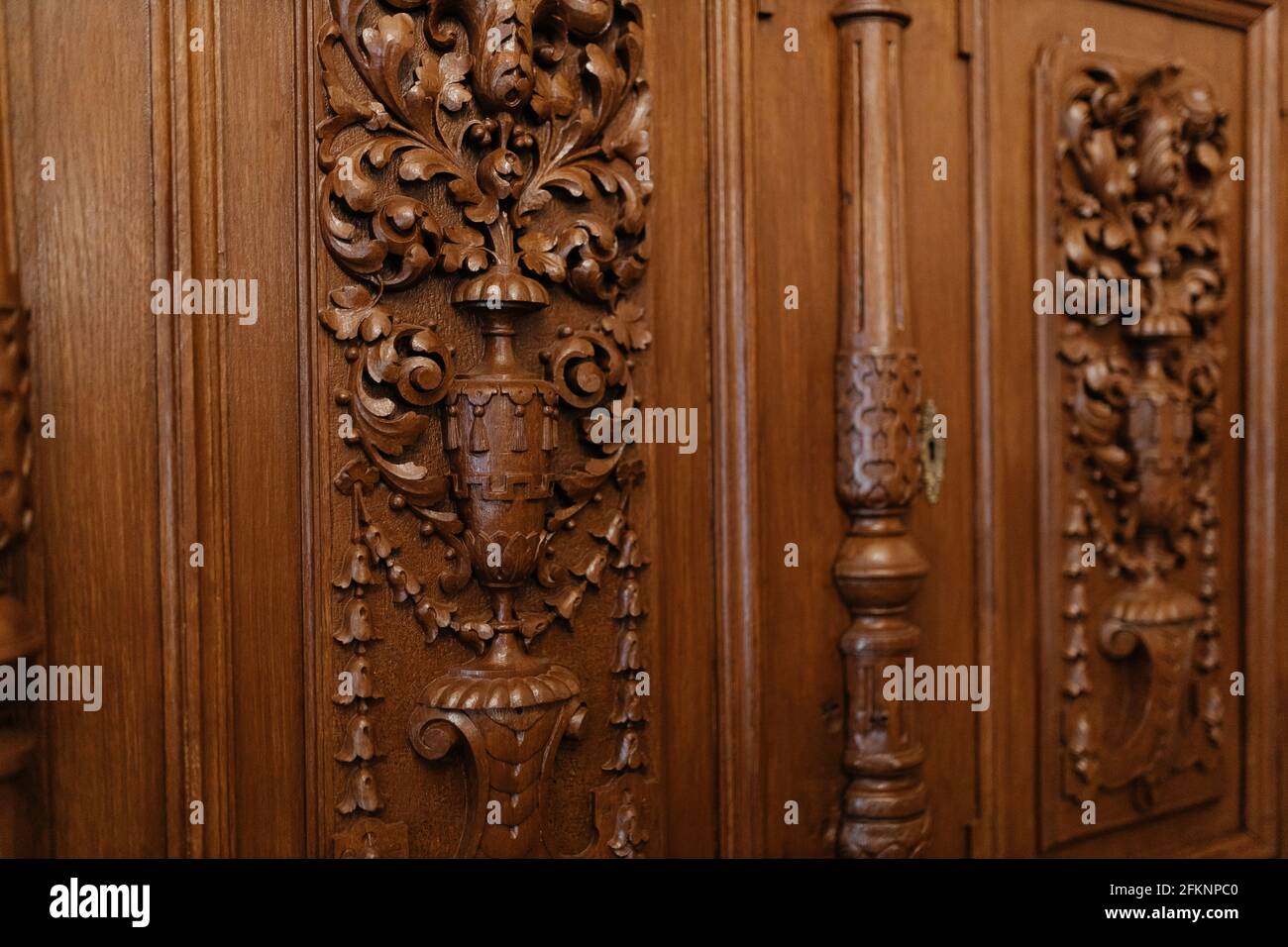 Fragment of an old beautiful wooden door with carvings in the form of leaves and a bowl Stock Photo