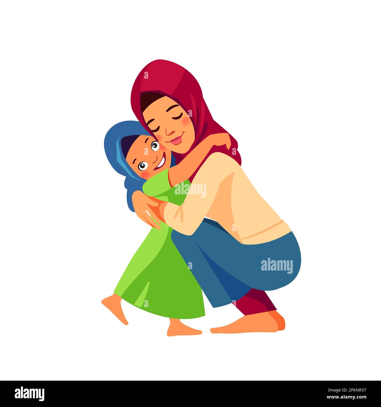 Muslim mother and child. Mom hugging her daughter with a lot of love and tenderness. Mother's day, holiday concept. Cartoon flat isolated vector Stock Vector