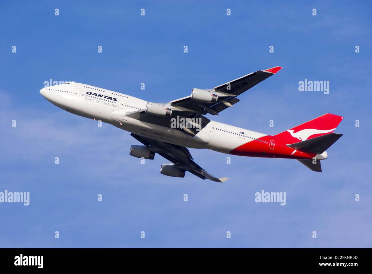 Qantas Boeing 747 Jumbo jet airliner plane VH-OJN taking off from London Heathrow Airport, UK. Longreach flight to Australia. Long distance travel Stock Photo