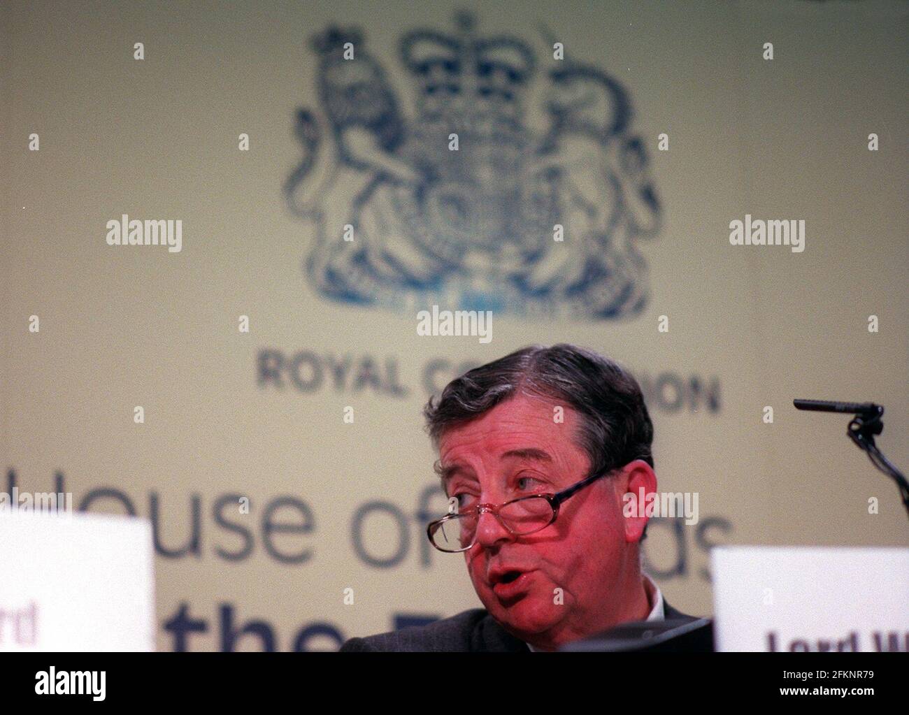 Lord Wakeham January 2000 Chairman of the Royal Commission into reform of the upper house - The House Of Lords - speaking at news press conference presenting report at Church House Stock Photo