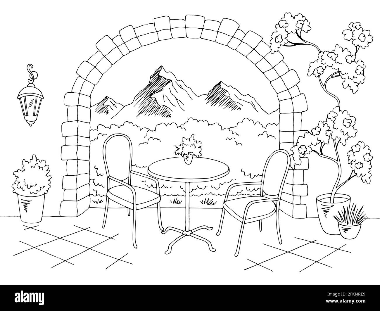 Cafe garden terrace graphic table chair black white sketch illustration vector Stock Vector