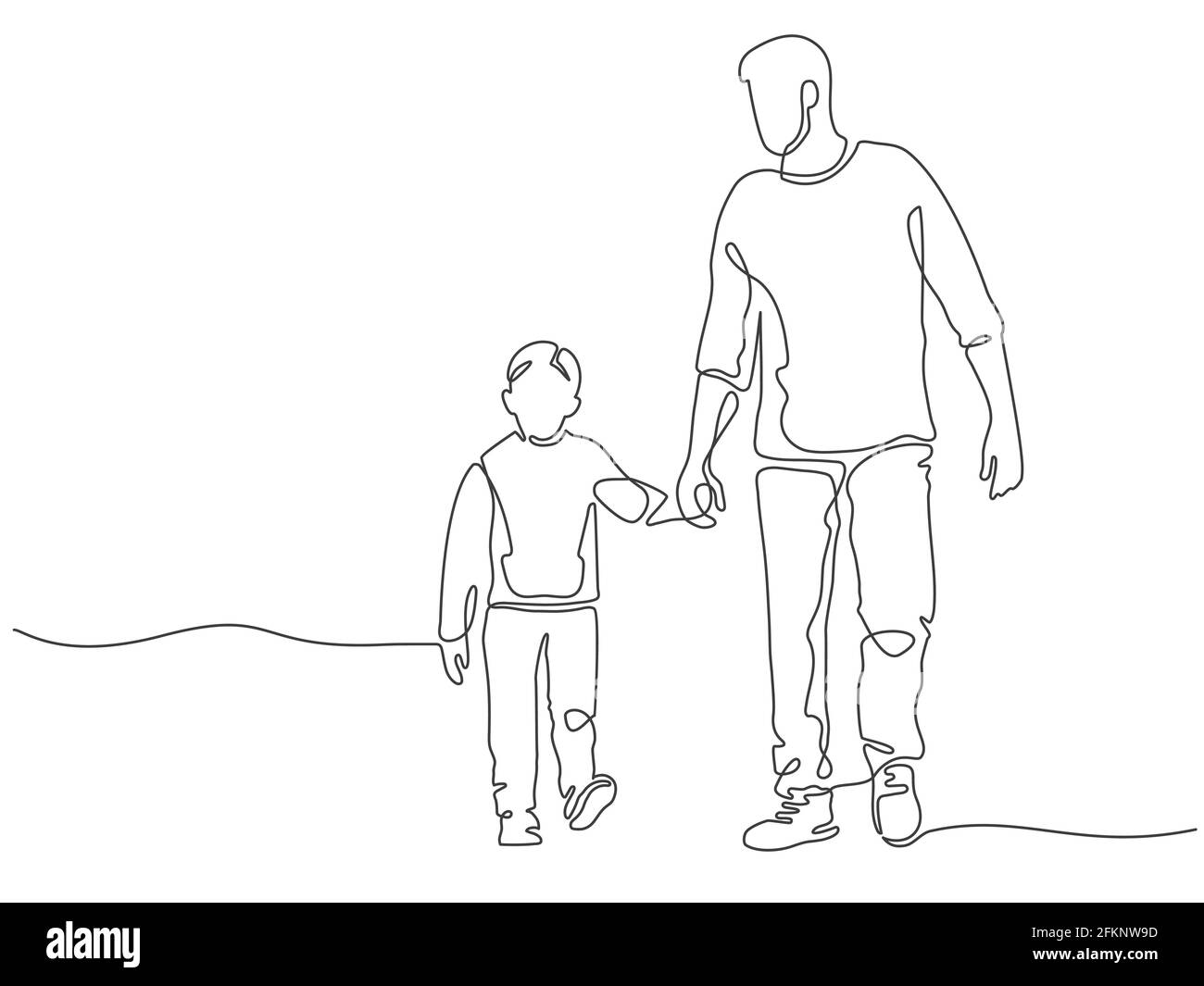 One line father. Dad walking with son. Fatherhood poster with man and child holding hands. Continuous lines happy fathers day vector concept Stock Vector