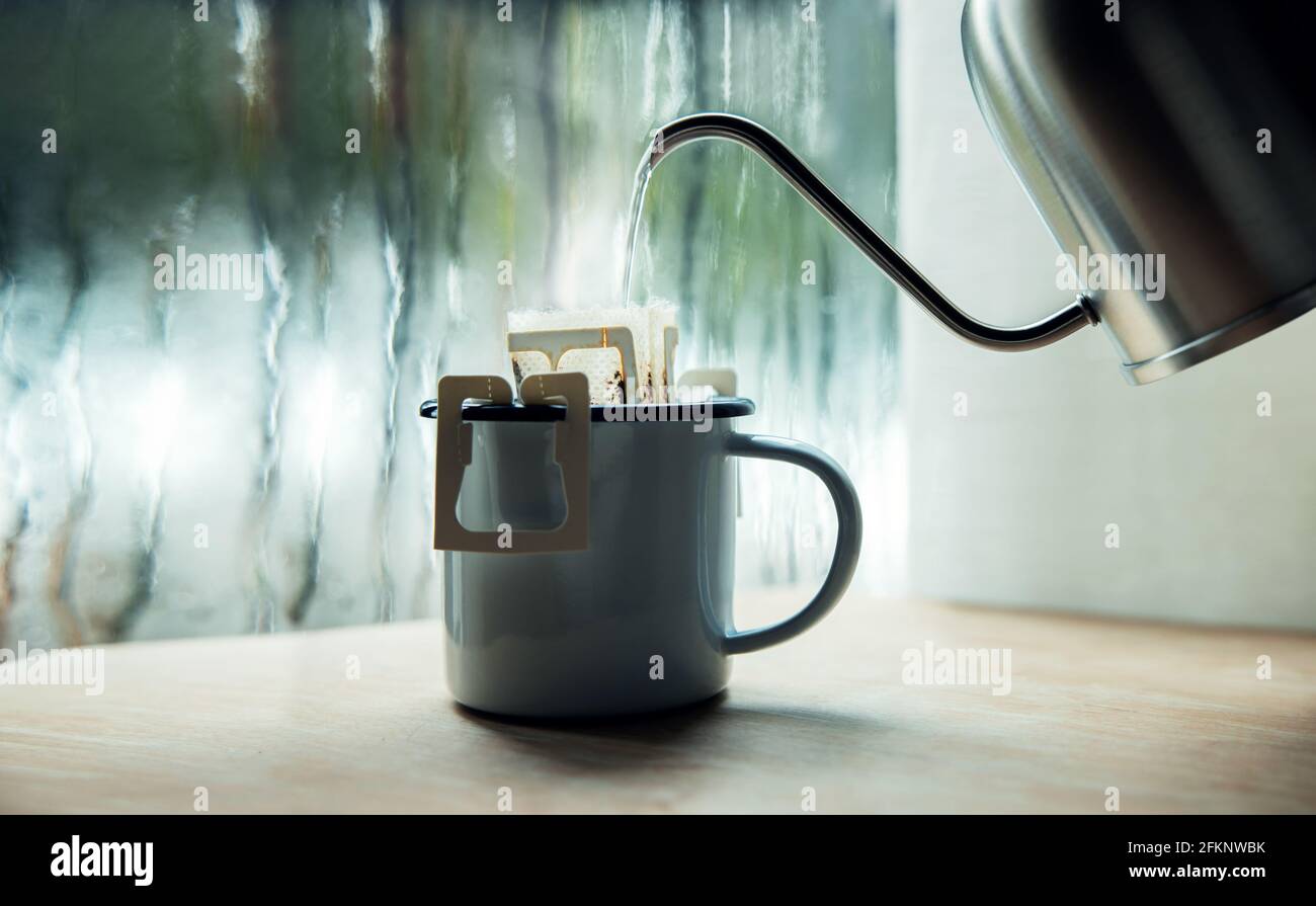 Enjoying Coffee On Rainy Day Coffee Time On Rainy Day Fresh Brewed Coffee In White Cup Or Mug On Windowsill Wet Glass Window And Cup Of Hot Caffeine Beverage Coffee Drink With