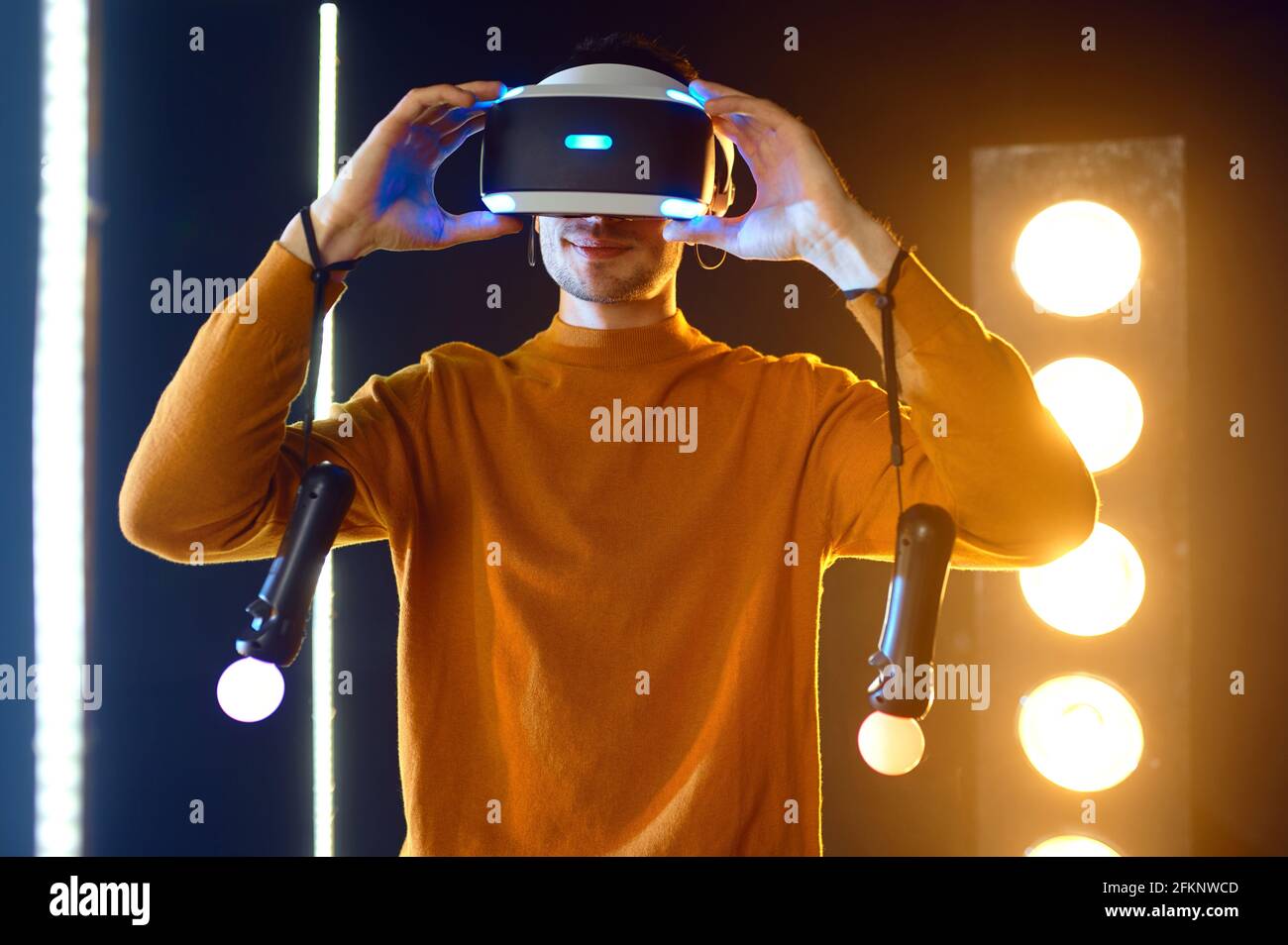 Young gamer using virtual reality headset Stock Photo