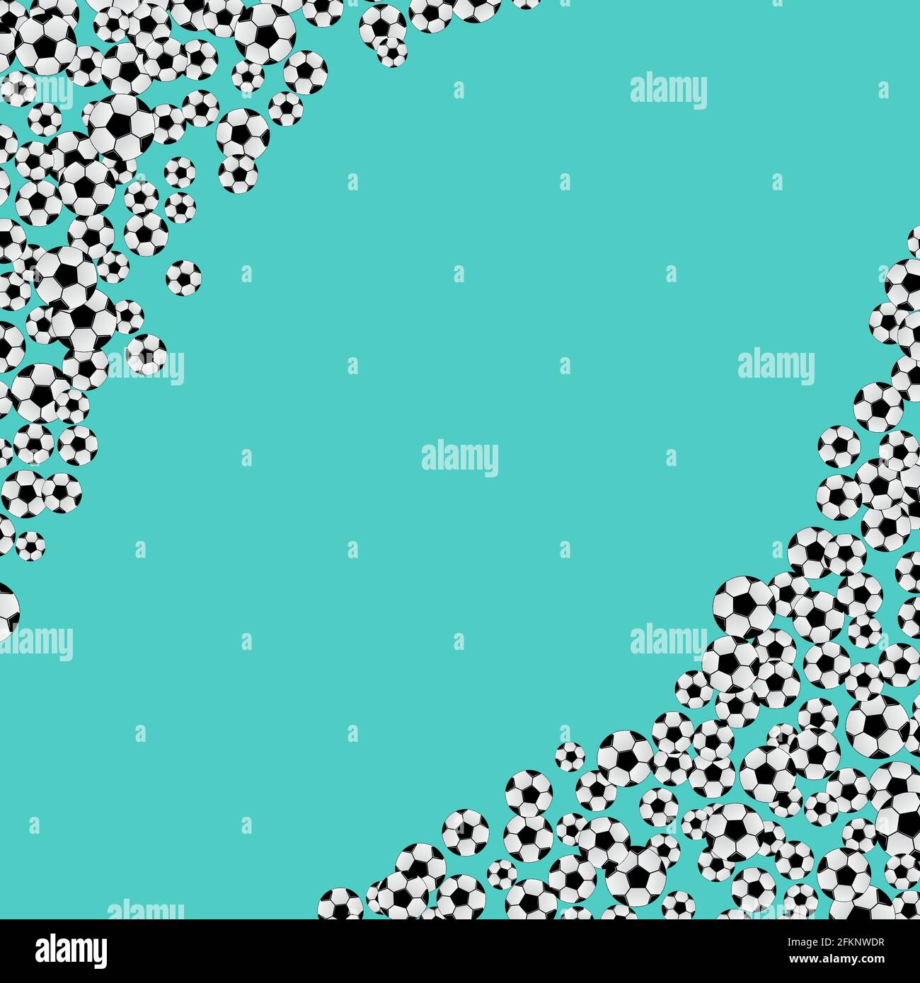 Scattered soccer balls confetti frame on mint green background with space for text. Football