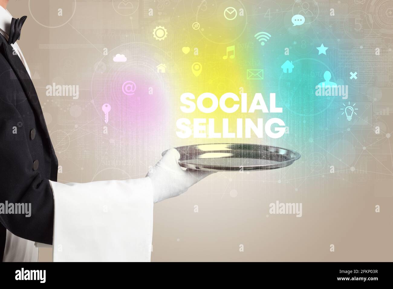 Waiter serving social networking concept Stock Photo