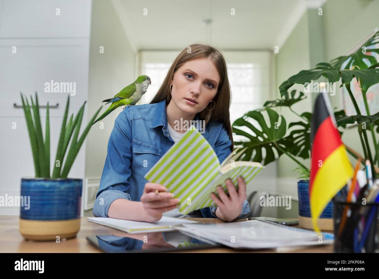 Female student looking talking to webcam, studying German online Stock  Photo - Alamy