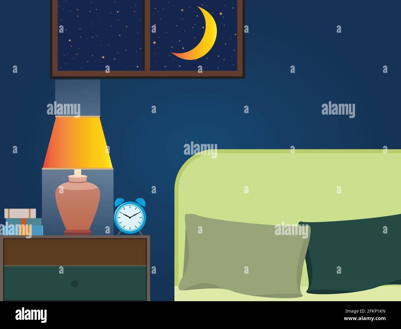 Cozy room at night with lighted lamp and moon in the window Stock Vector