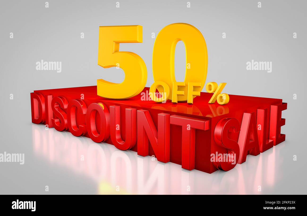 50% Off Discount Sale 3D Text Render in red and yellow colors - 3D Illustration Stock Photo