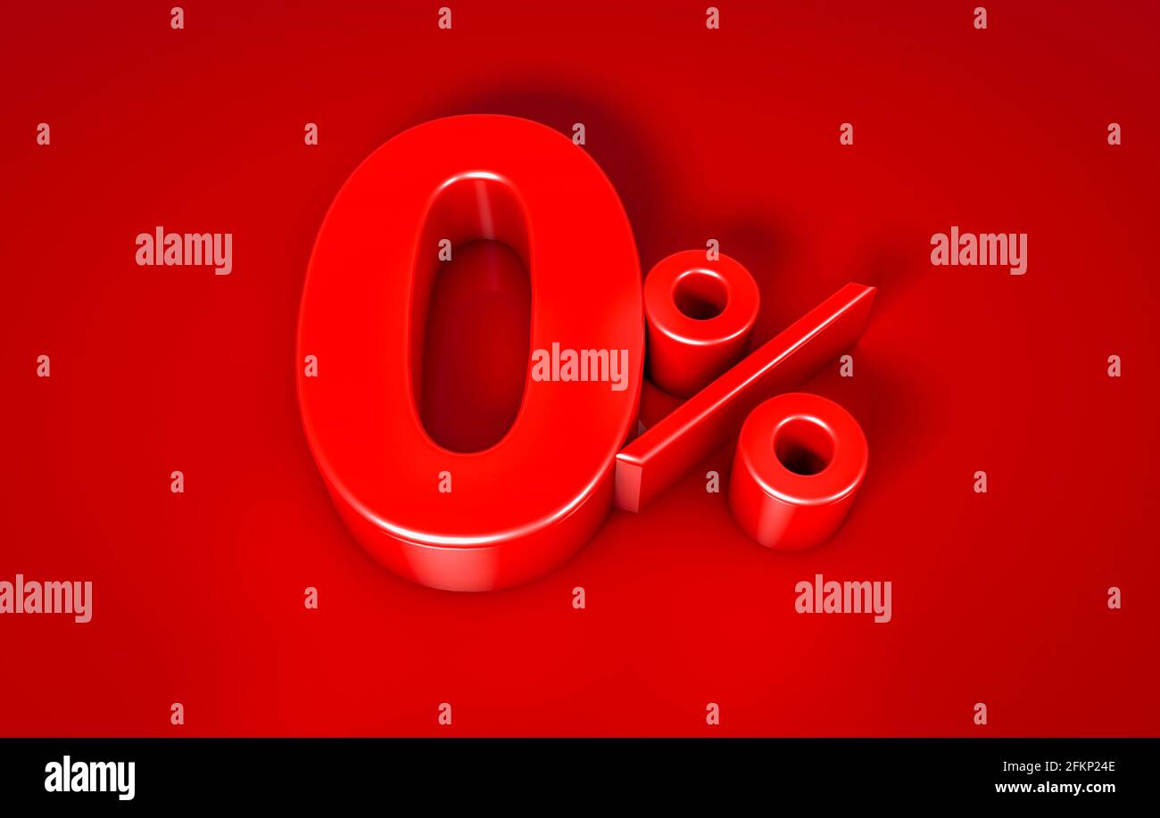 0% Interest 3D Render in red color on red background - Top View. Stock Photo