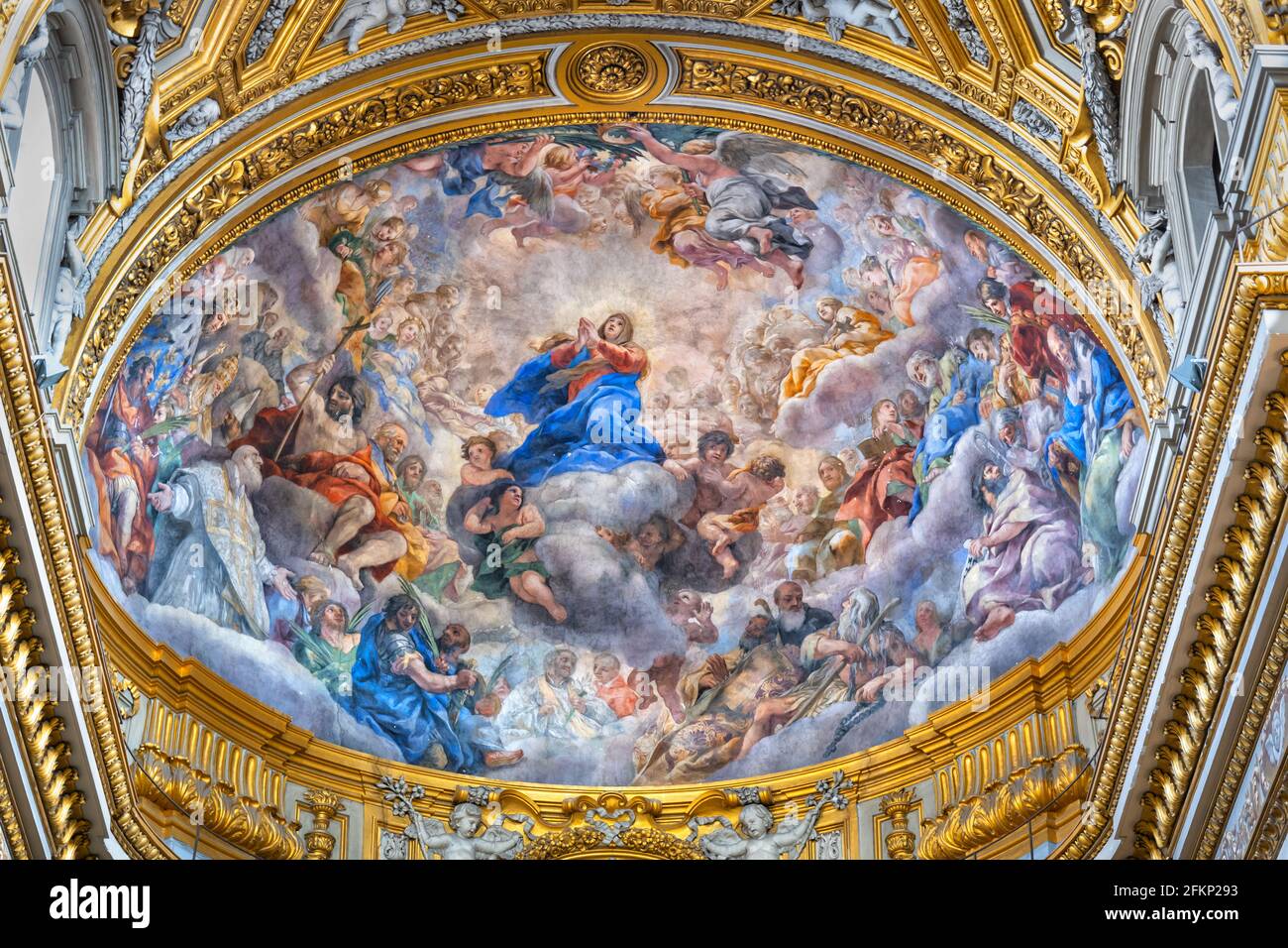 Apse fresco painting Assumption of the Virgin Mary between Angels and Saints by Pietro da Cortona in Santa Maria in Vallicella (Chiesa Nuova) Baroque Stock Photo
