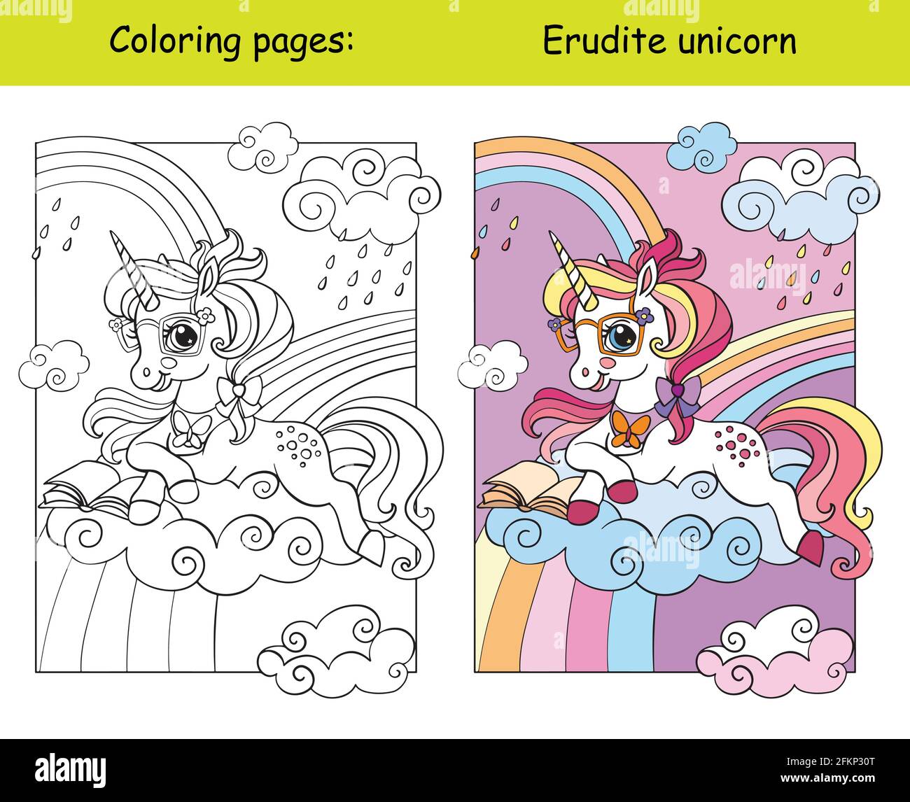 Cute unicorn lying on a cloud and reading a book. Coloring book page