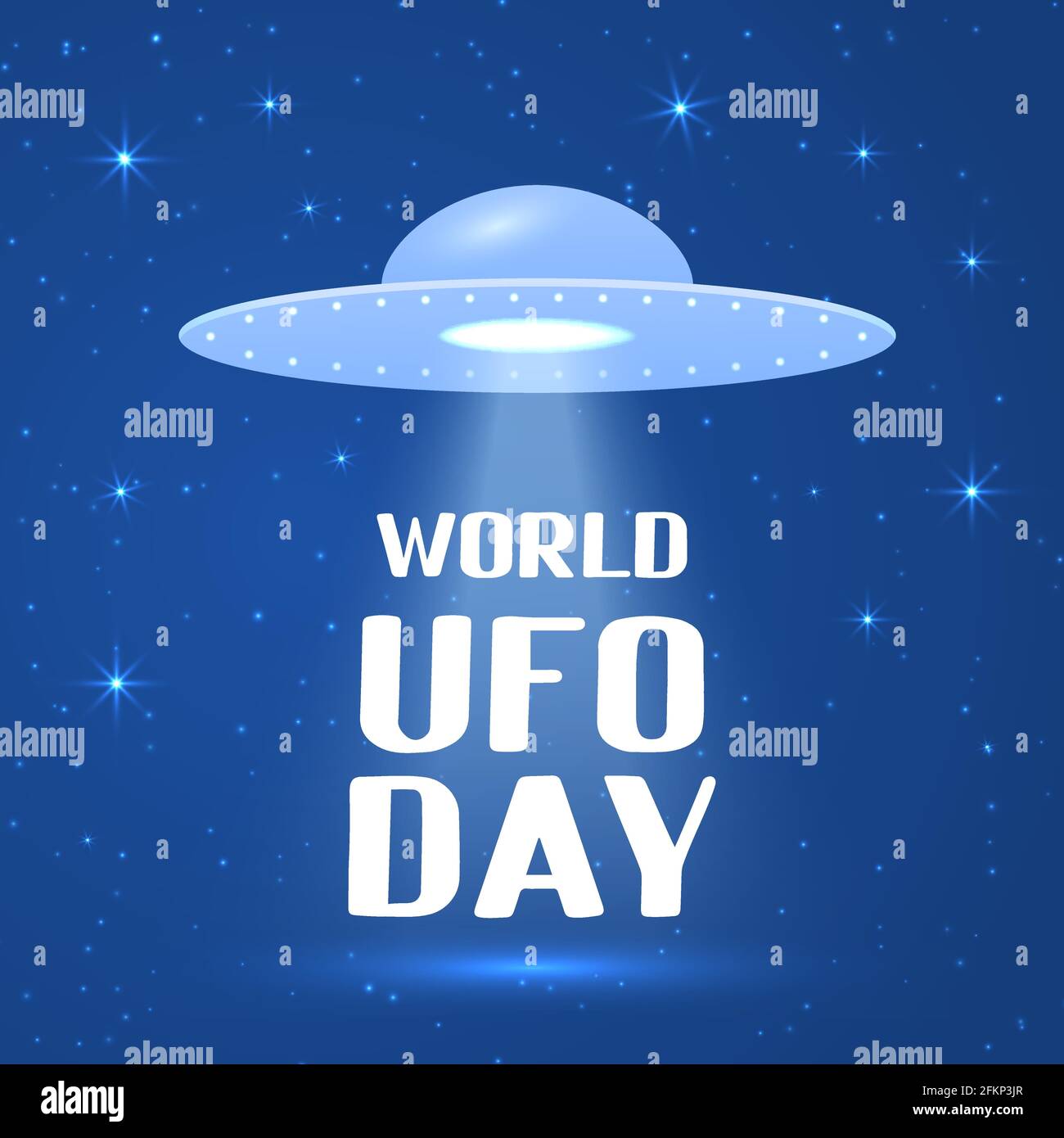 World UFO day lettering with flying saucer or spaceship in space