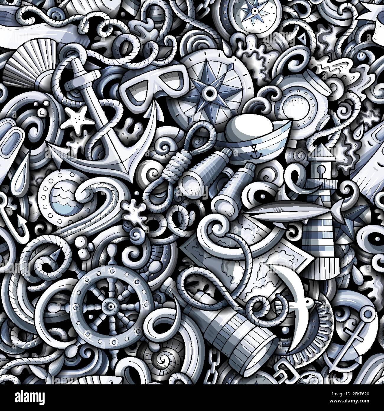 Cartoon doodles Nautical seamless pattern. Stock Vector