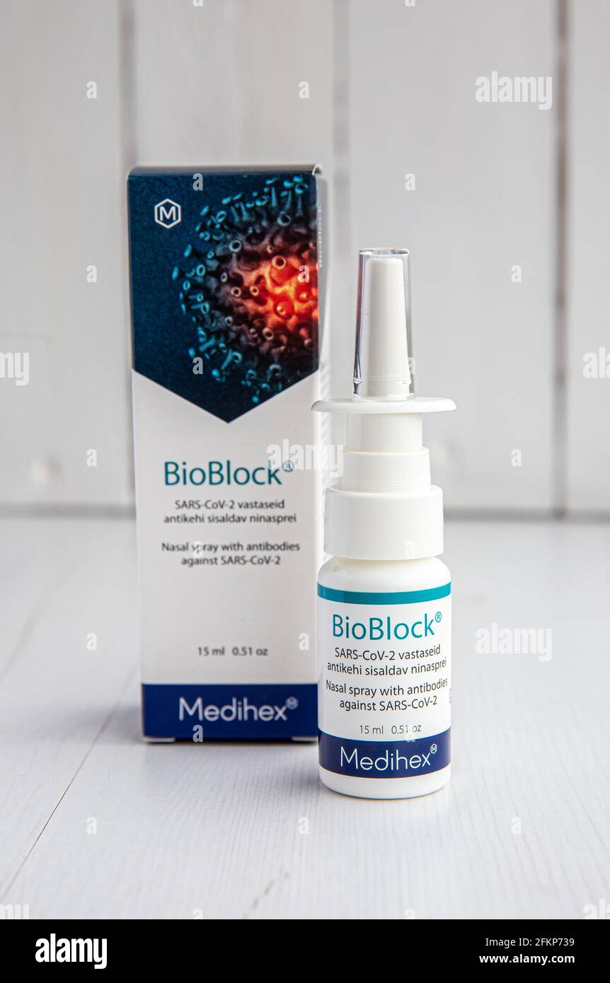 Tallinn, Harjumaa, Estonia- 03MAY2021: New innovative nasal spray against COVID-19 called BioBlock against SARS-CoV-2 by Medihex. Stock Photo