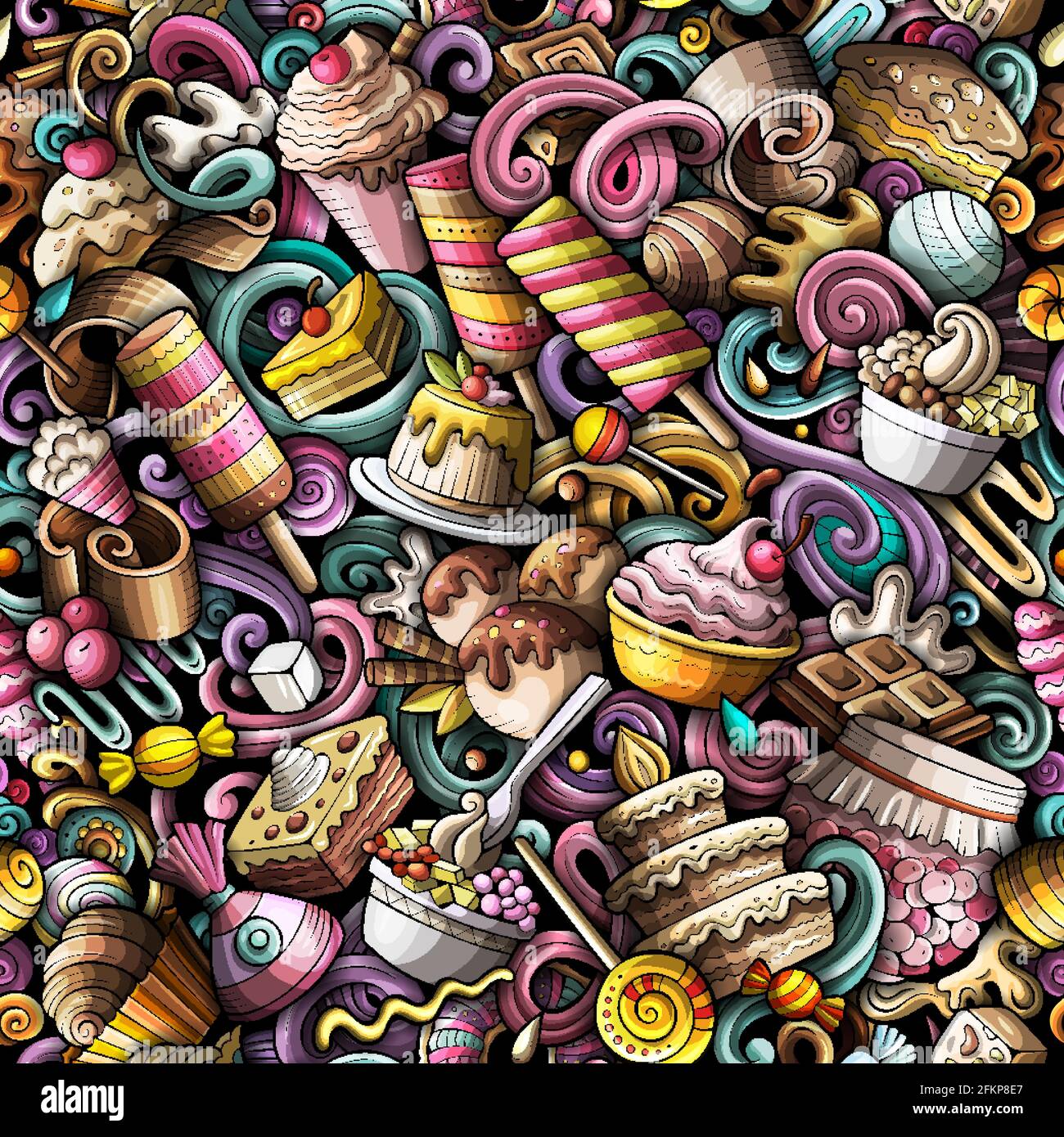 Cartoon doodles Desserts seamless pattern. Stock Vector