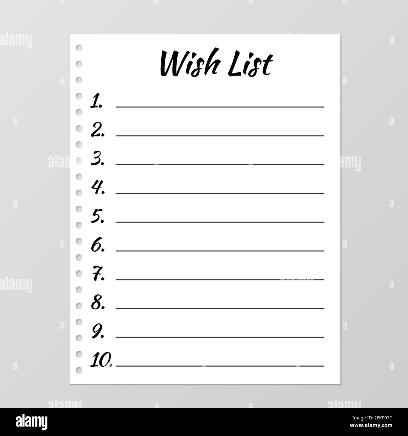 wish list template planner page lined and numbered paper sheet blank white notebook page isolated on grey stationery for organization and planning stock vector image art alamy