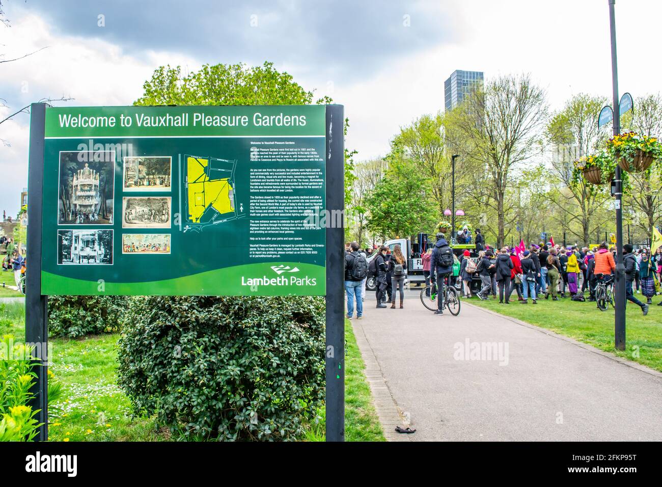 VAUXHALL, LONDON, ENGLAND- 1 May 2021: Vauxhall Pleasure Gardens welcome sign pictured on the day of a KILL THE BILL protest in London Stock Photo