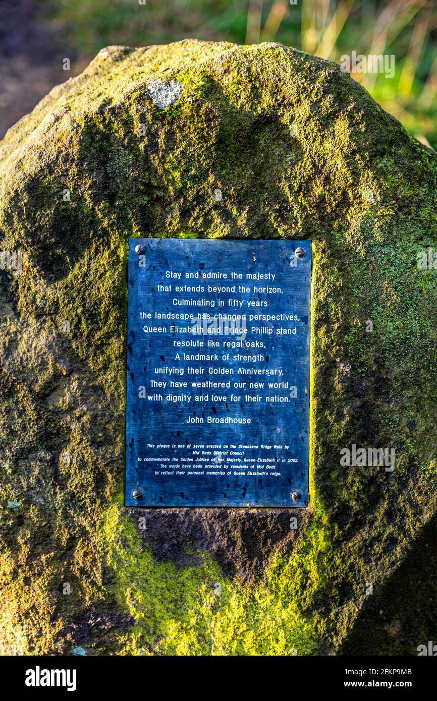 Plaque marking along the Greensand Ridge Walk commemorating the Golden Jubilee of Queen Elizabeth II in 2002, Maulden Wood, Bedfordshire, UK Stock Photo