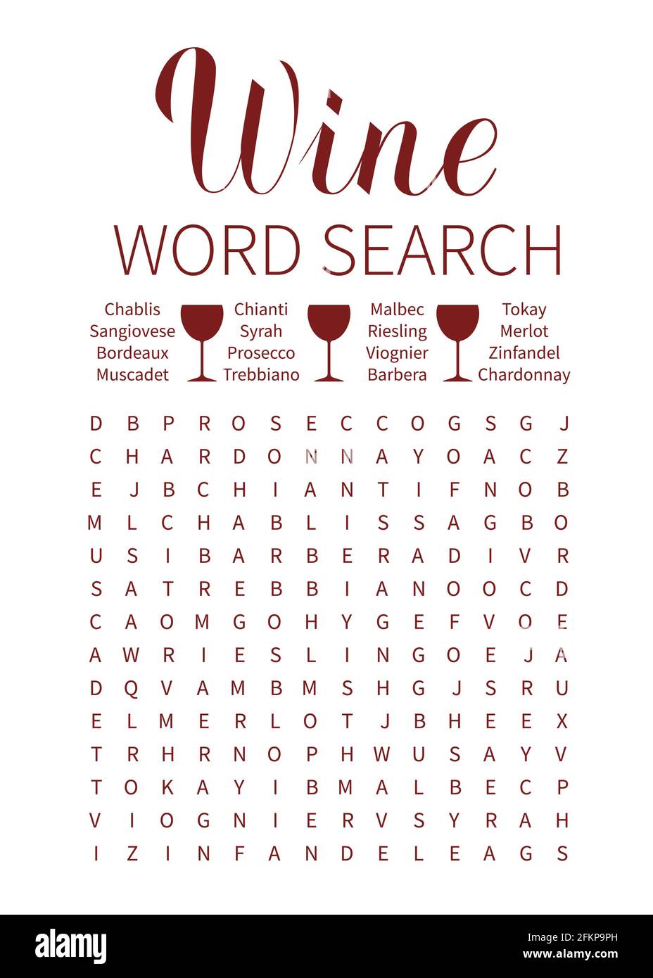 Wine word search puzzle. Wine tasting party game. Vineyard wedding or