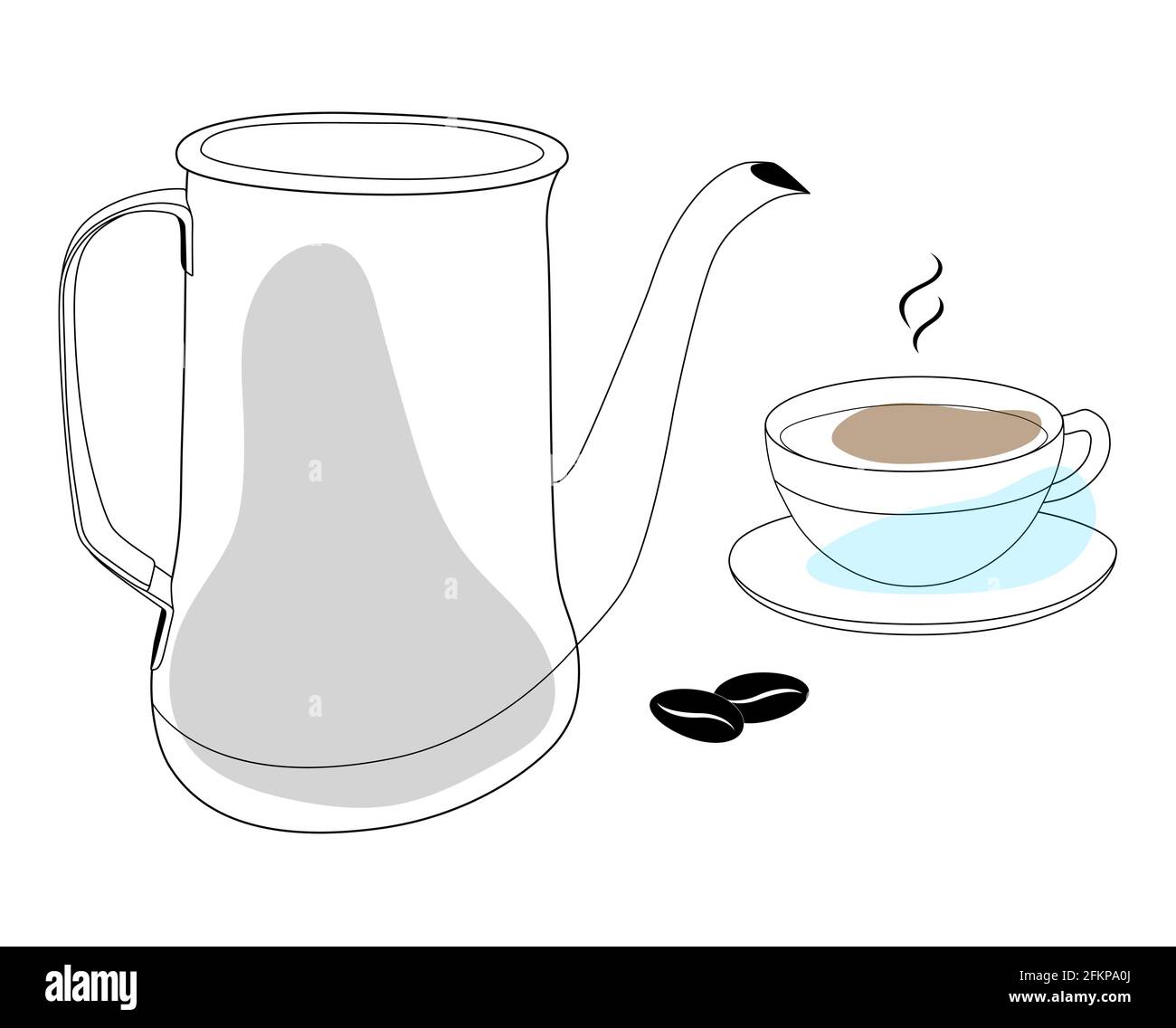 Linear drawing, Coffee pot with a cup of coffee. Hot coffee. Morning ...