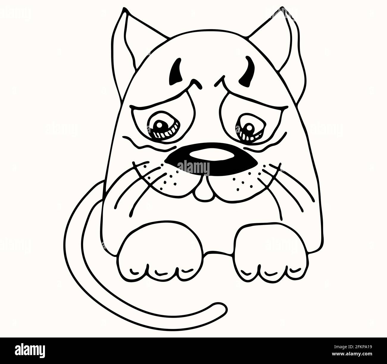 Sad and upset cat character drawn with marker. Cartoon character, imitation of a childs drawing. Stock Vector