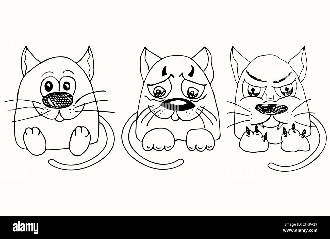 Animal character illustration for children. Hand drawn line drawings of funny kitten Stock Vector
