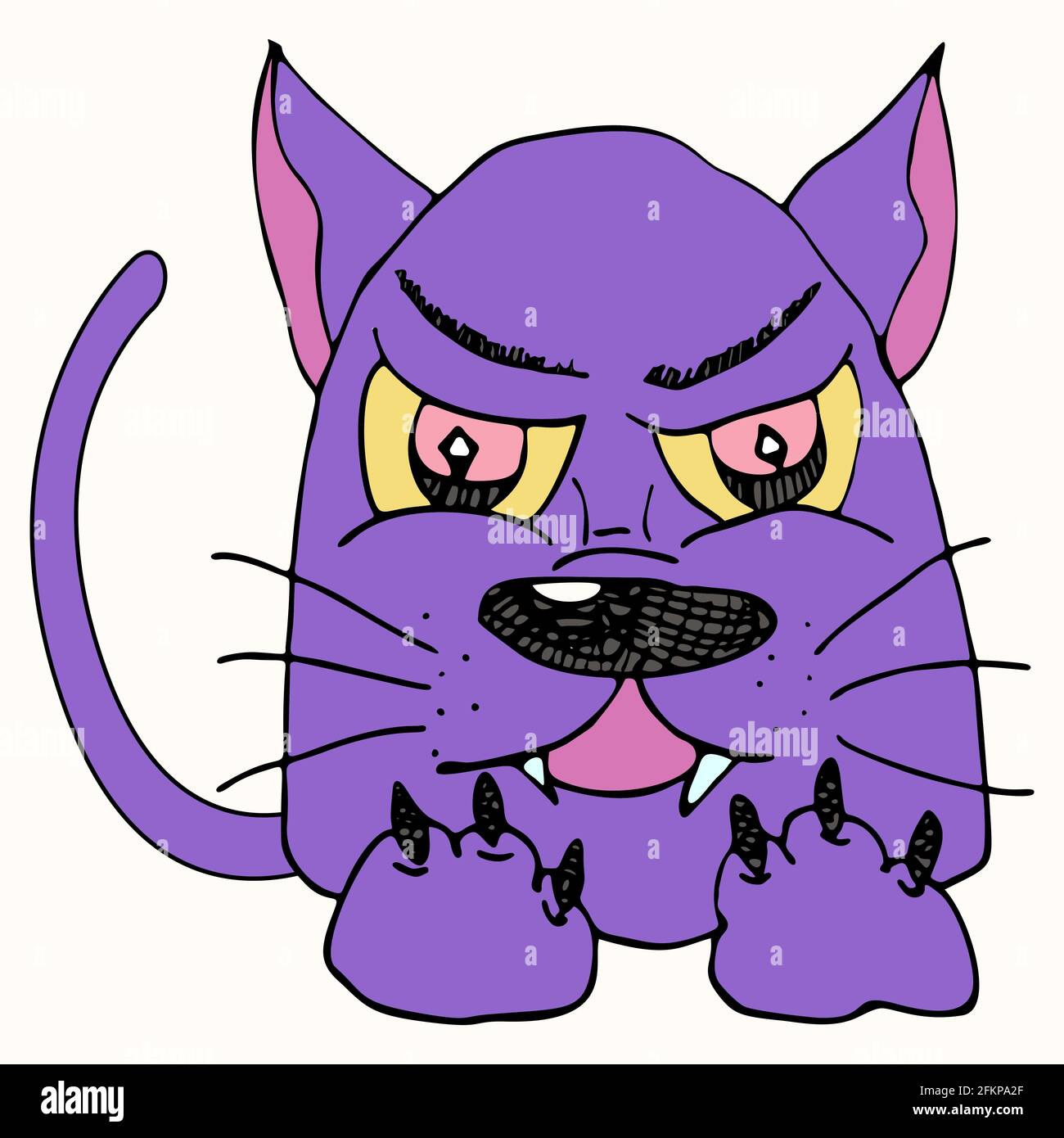 Displeased and angry cat character drawn with marker. Cartoon character, imitation of a childs drawing. Stock Vector
