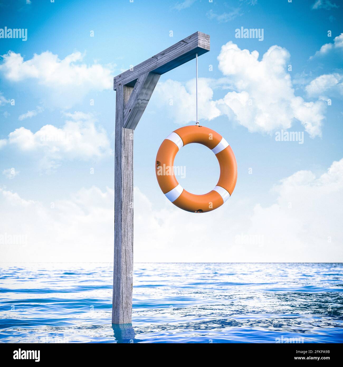 lifebuoy hanging in the middle of the sea as a fake rescue. 3d render. Stock Photo