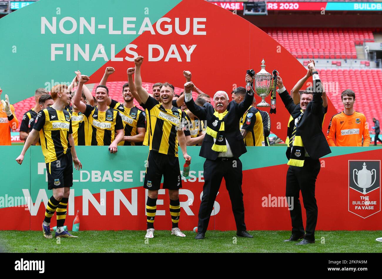 London, UK. 3rd May, 2021. Vincent Pearson, Senior Team Chairman of Hebburn Town celebrates with Louis Storey and teammates after their team's victory during the The Buildbase FA Vase Final match at Wembley Stadium, London. Picture credit should read: Paul Terry/Sportimage Credit: Sportimage/Alamy Live News Stock Photo