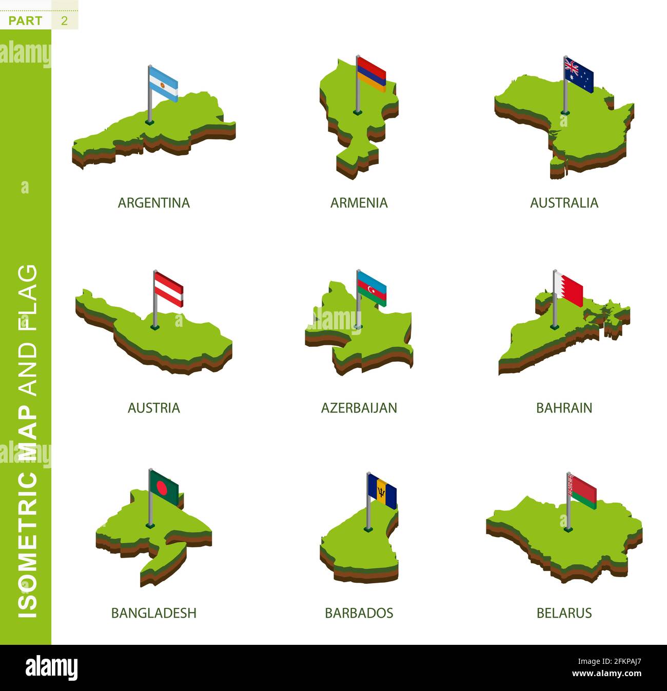 Set of 9 isometric map and flag, 3D vector isometric shape of Argentina, Armenia, Australia, Austria, Azerbaijan, Bahrain, Bangladesh, Barbados, Belar Stock Vector