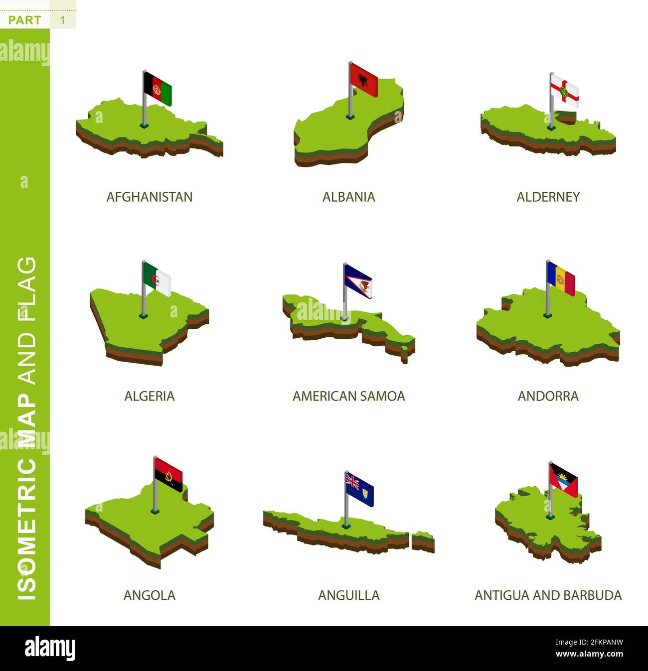 Set of 9 isometric map and flag, 3D vector isometric shape of Afghanistan, Albania, Alderney, Algeria, American Samoa, Andorra, Angola, Anguilla, Anti Stock Vector