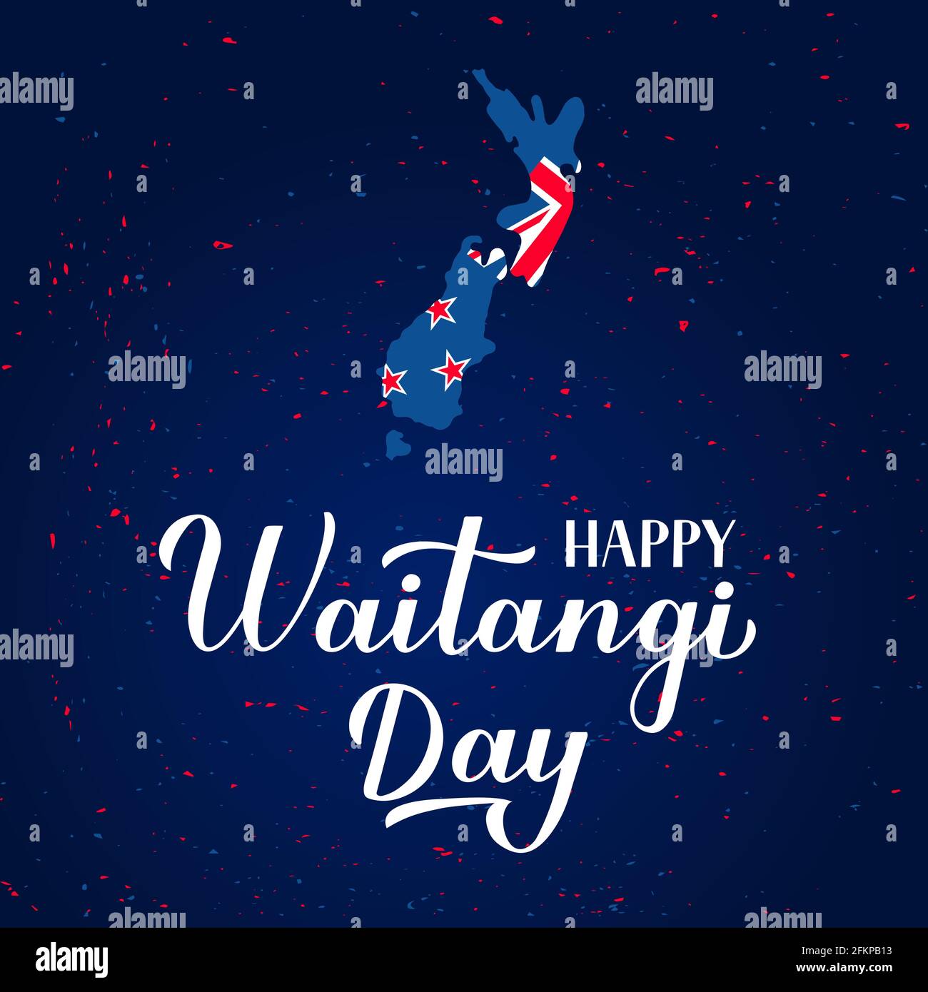 Happy Waitangi Day banner with modern calligraphy hand lettering, map