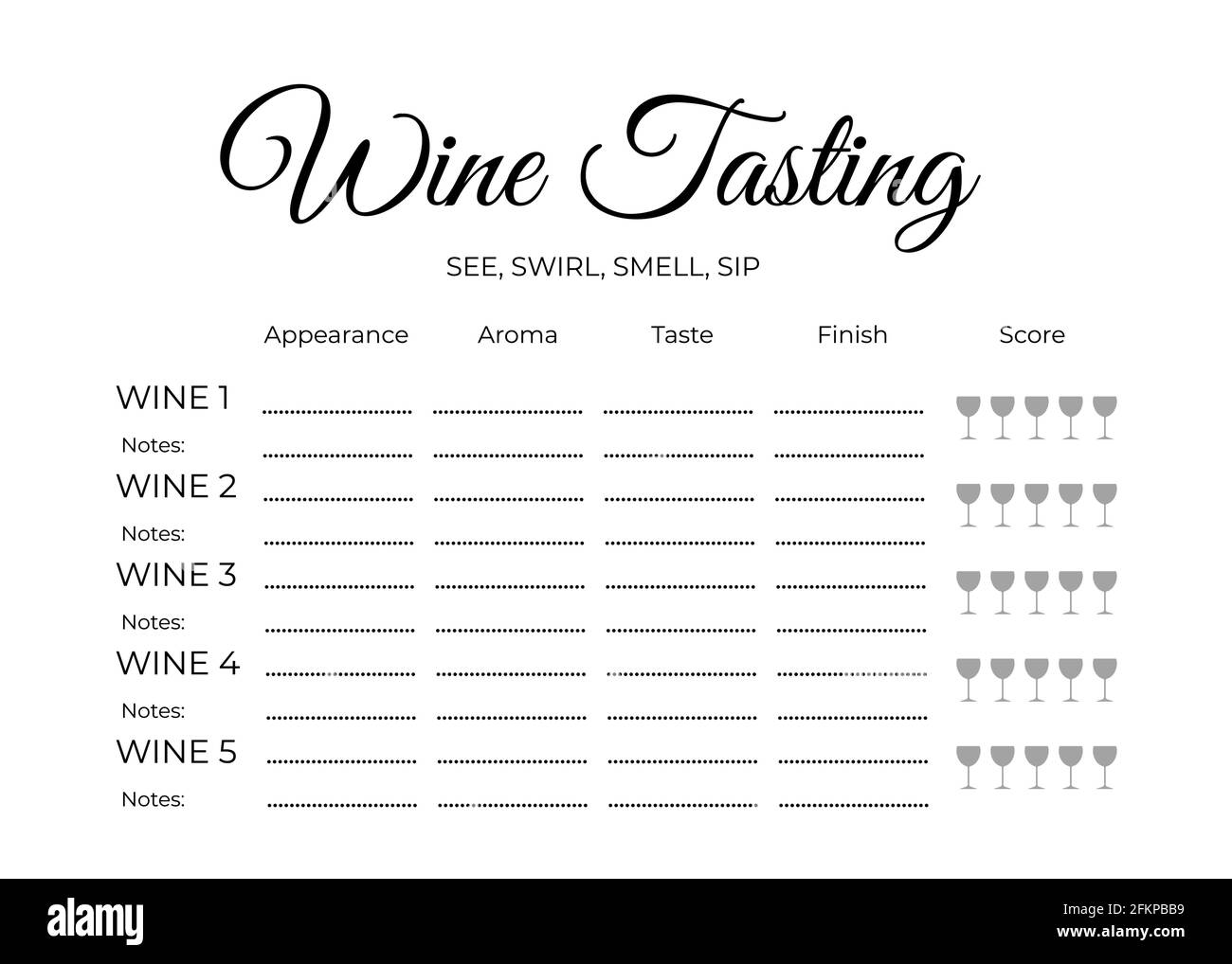 Wine tasting score card. Stationary for wine themed party, winery