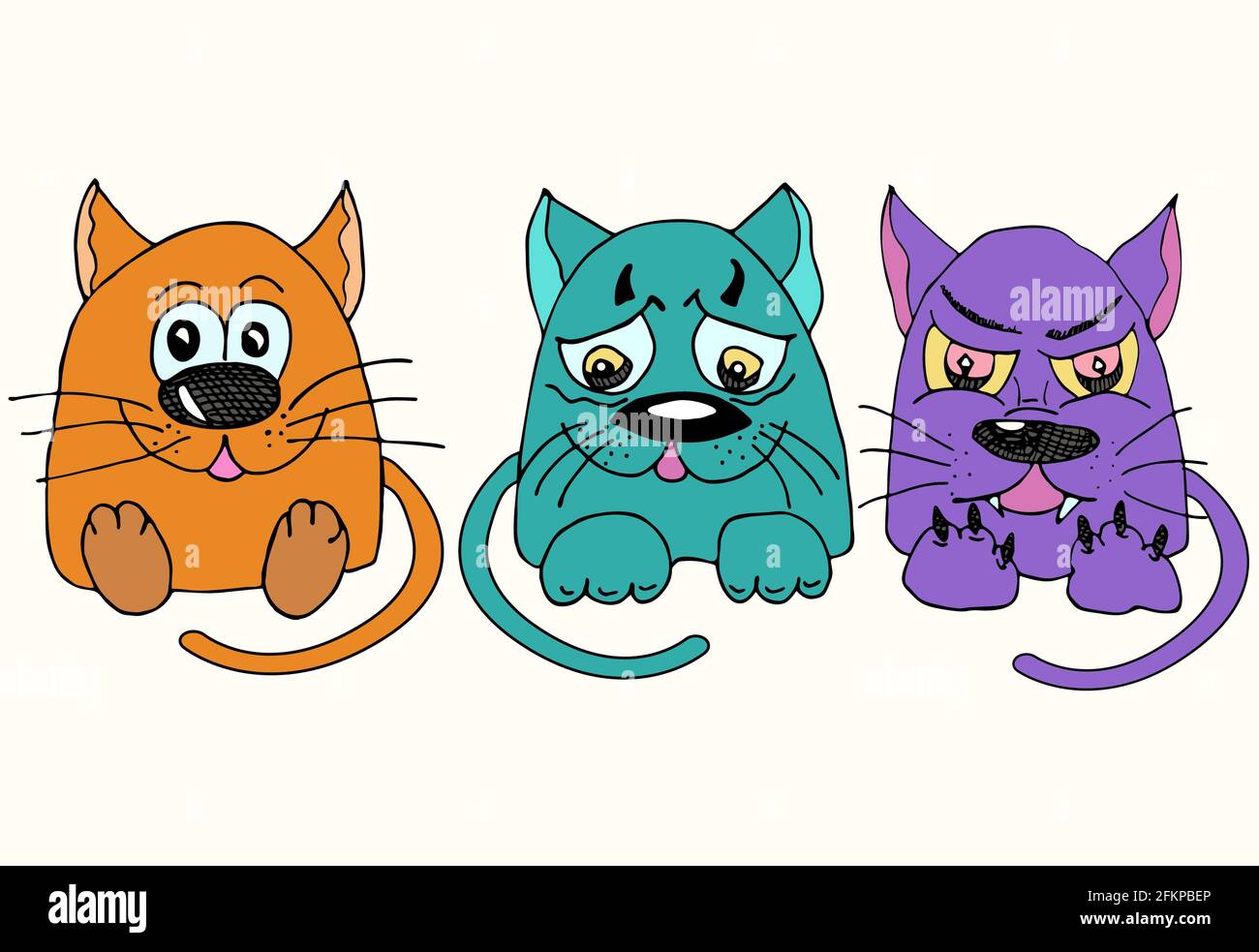 Three funny cats with different emotions. cartoon and multicolored cats characters Stock Vector