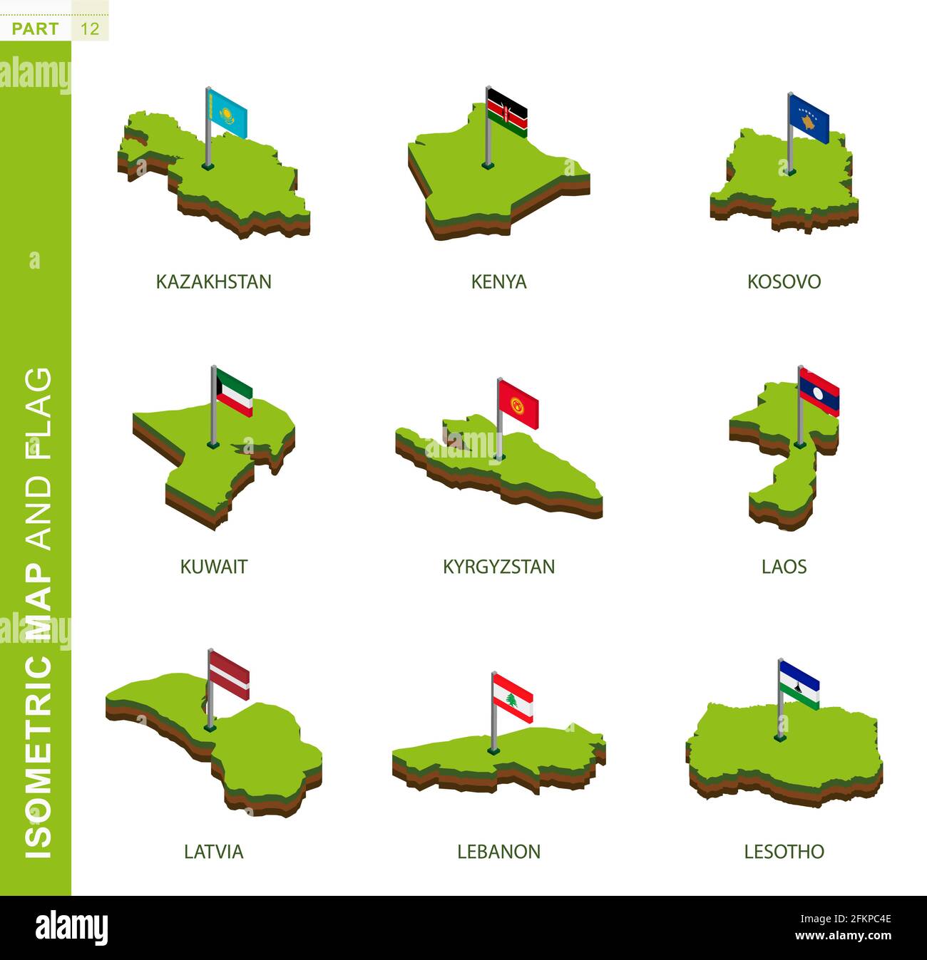 Set of 9 isometric map and flag, 3D vector isometric shape of Kazakhstan, Kenya, Kosovo, Kuwait, Kyrgyzstan, Laos, Latvia, Lebanon, Lesotho Stock Vector