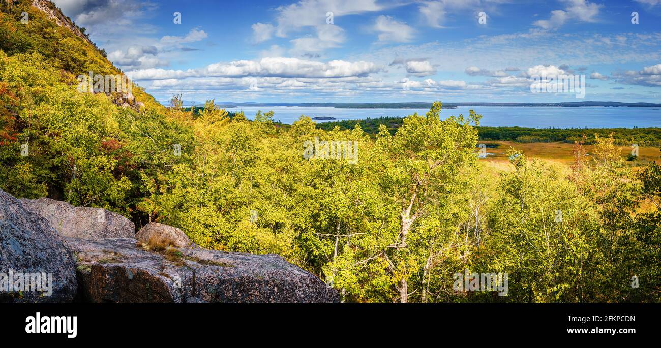 scenic view of Acadia National Park coastline from the Precipice Trail Stock Photo