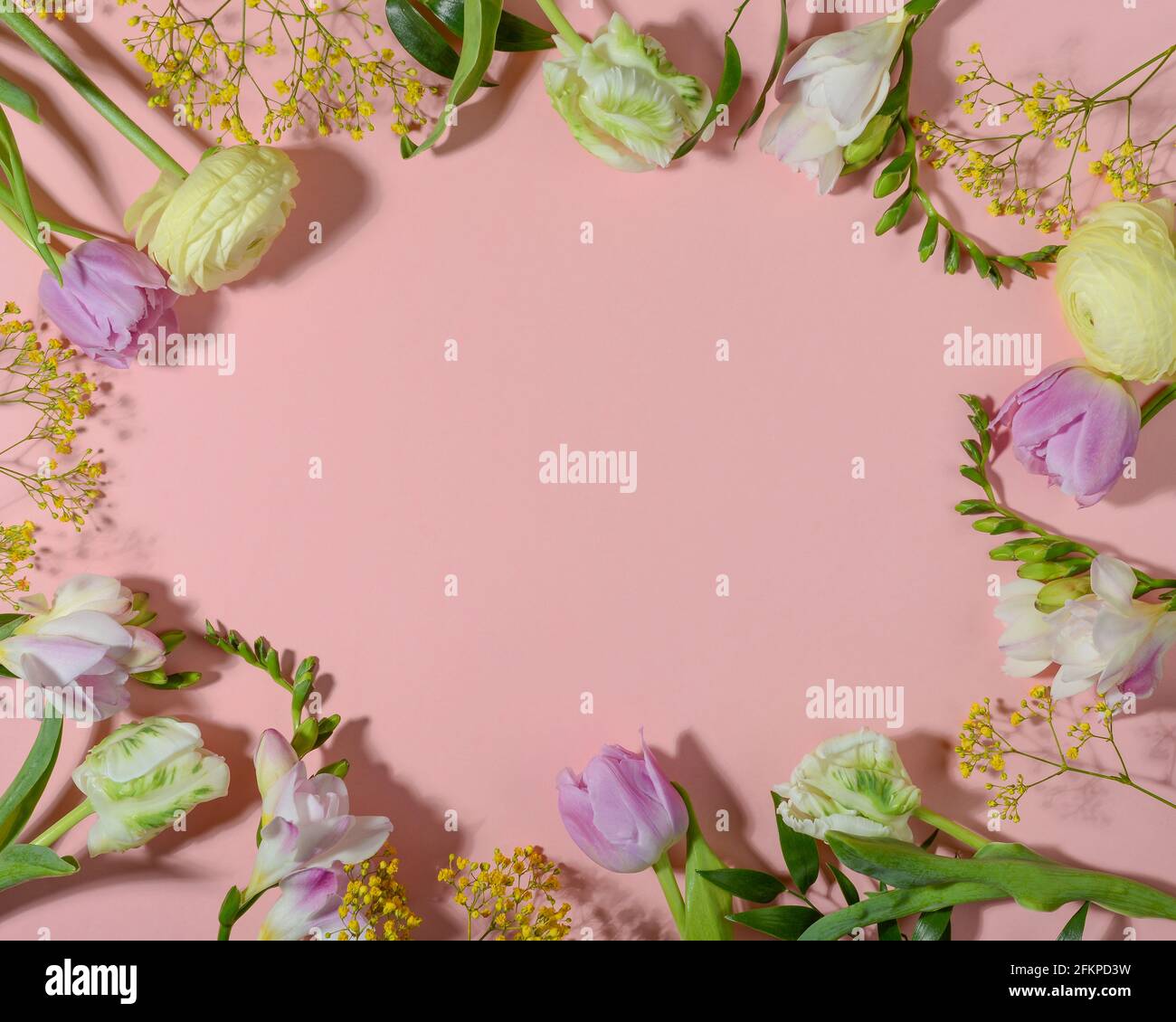 Floral frame on pink background. Copy space, top view, flat lay Stock ...