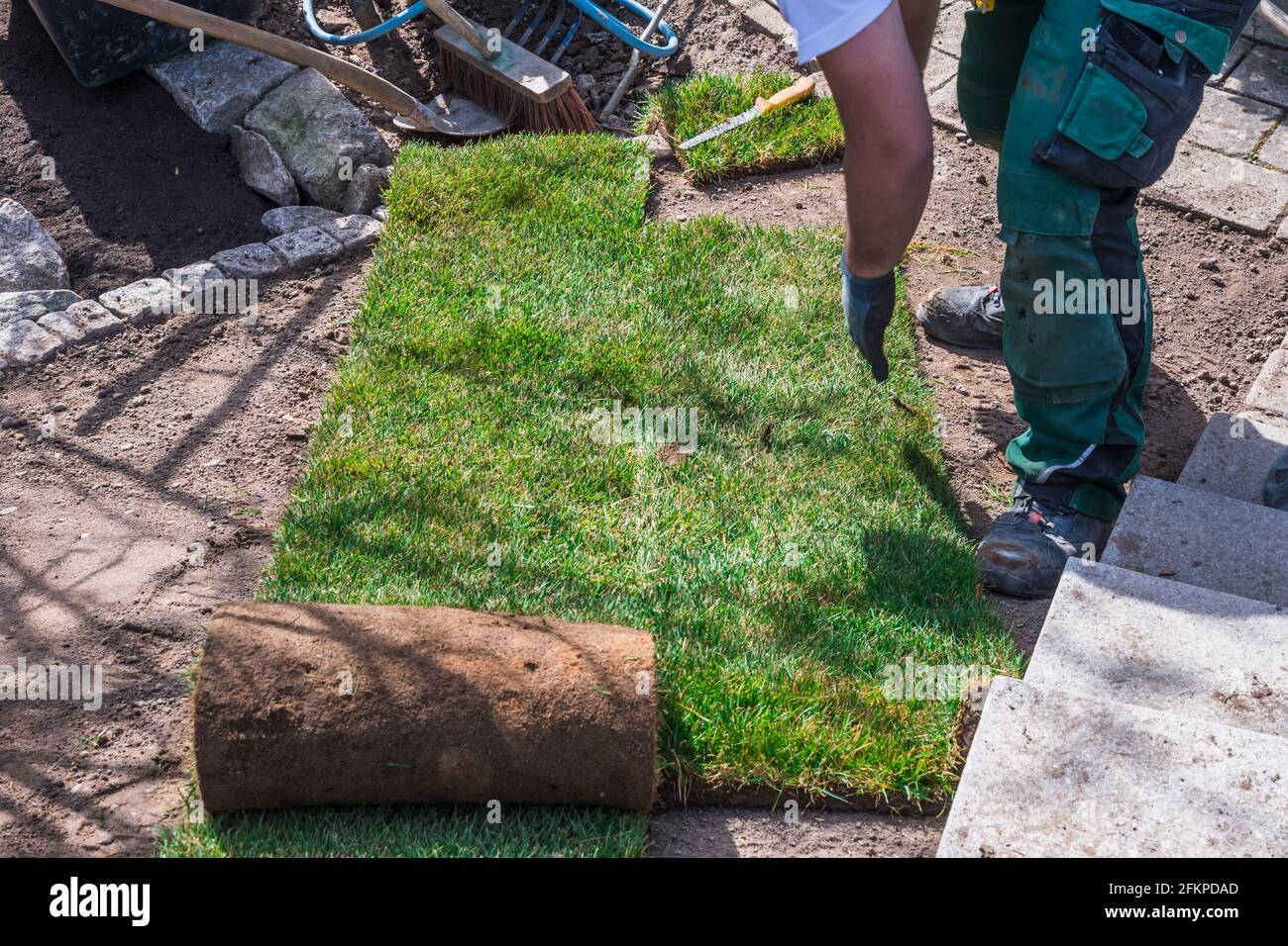 Gardener laying turf in a home garden Stock Photo Alamy