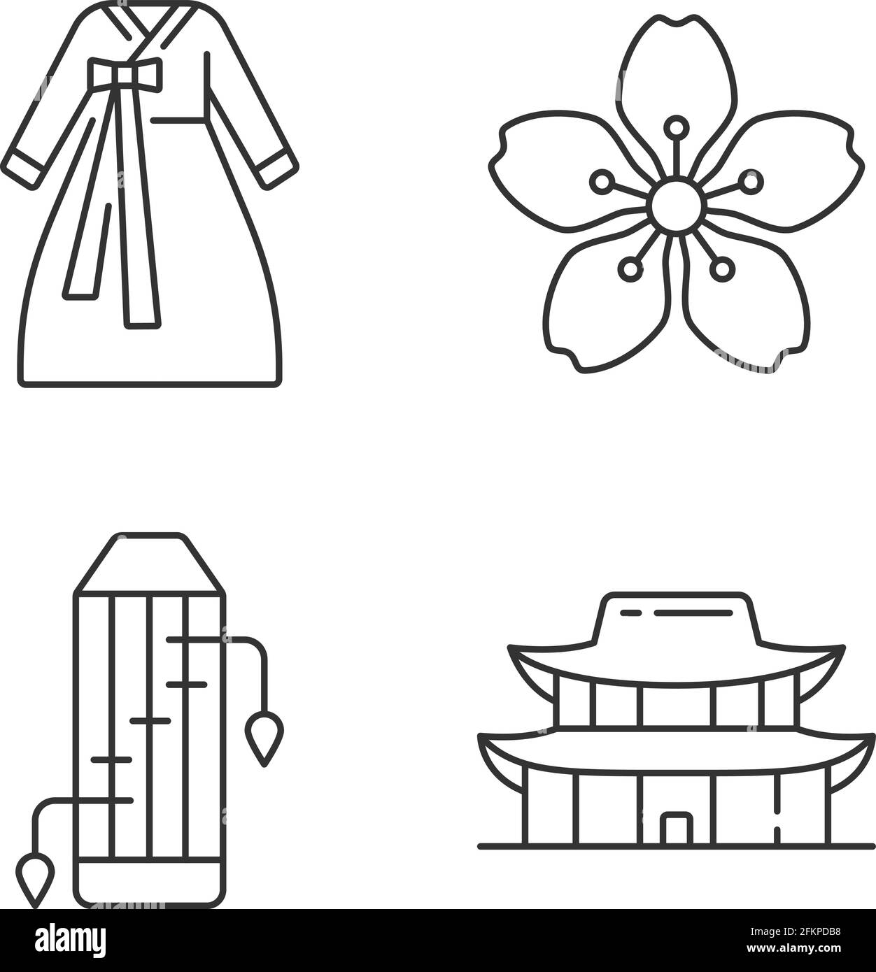 Korean ethnic symbols linear icons set Stock Vector