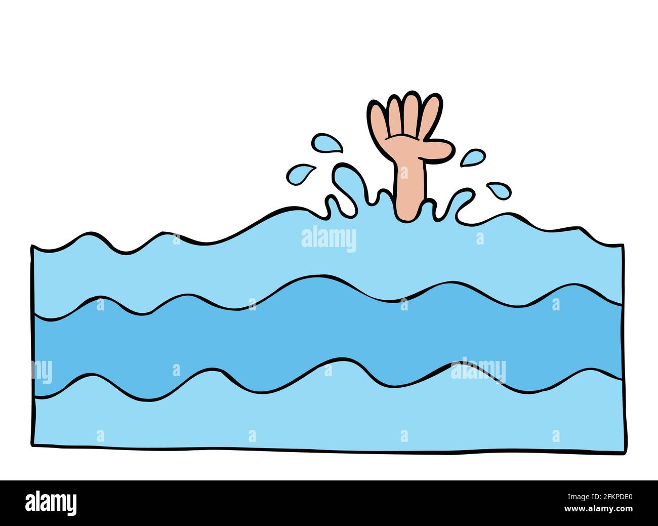 Cartoon vector illustration of the man and his hand drowning in the sea. Stock Vector